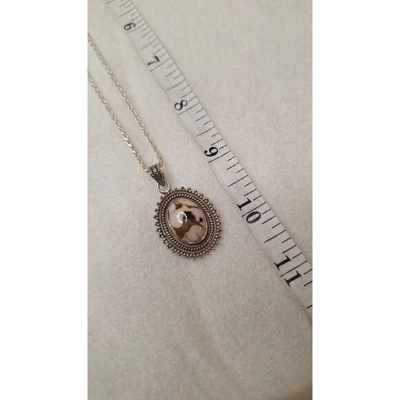 Peanut Wood Jasper Stone & 925 Pendant With Sterling Silver Rope Chain 18" - Picture 4 of 6